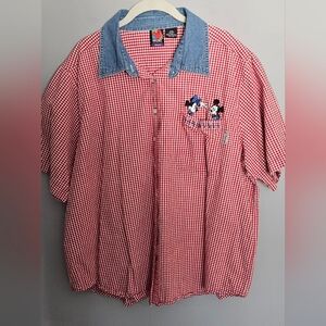 Vtg Disney Mickey Gingham Plaid Shirt Sz 22W Red White Embroidered Minnie Mouse